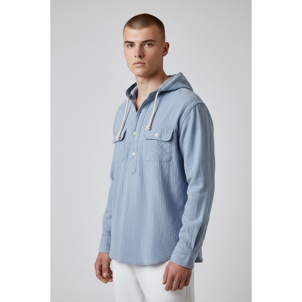 Chaps‎ Mens Size Medium Blue Herringbone Hooded Popover Shirt Long Sleeve Casual
